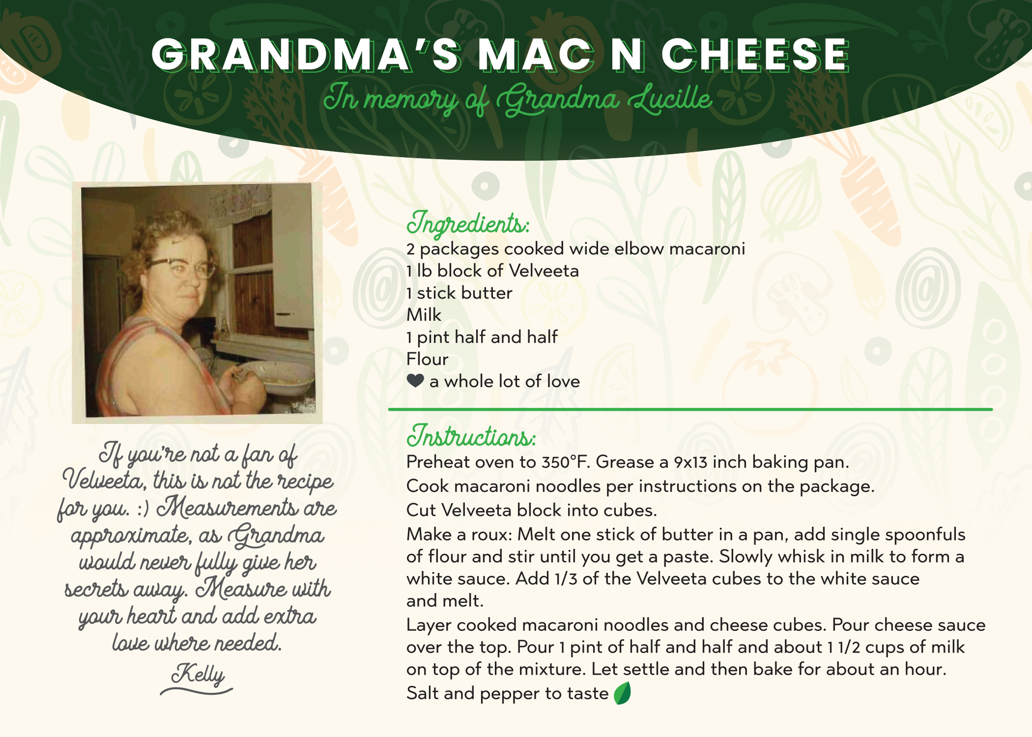 Recipe card for Grandma Lucille's Mac N Cheese