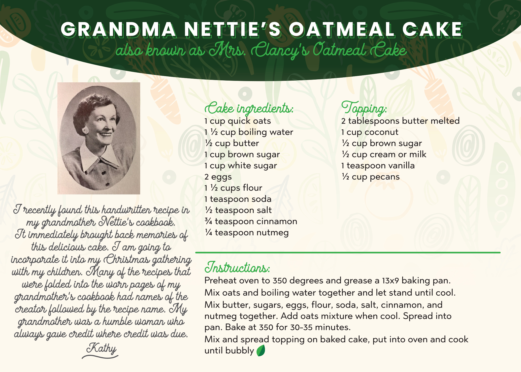 Recipe card for Grandma Nettie's Oatmeal Cake